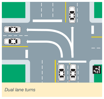 Two vehicles turning side by side from marked dual turning lanes, each staying in its own lane.
