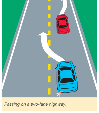 One car passing another on a two-lane highway, using the oncoming lane.