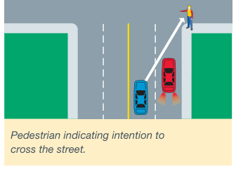 A pedestrian at the curb with an arm extended, signalling an intention to cross.