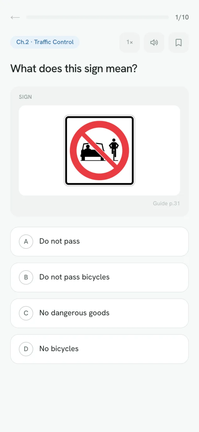 A sign-recognition question: a road sign from the guide with four possible names and no text on the sign itself.