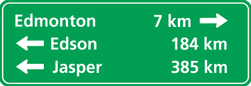 Alberta road sign: Combination of direction and distance