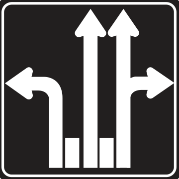 Alberta road sign: Left lane turn left, centre lane straight, right lane straight or turn right