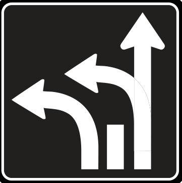 Alberta road sign: Left lane turn left, right lane straight or turn left