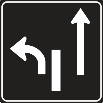 Alberta road sign: Left lane turn left, right lane straight