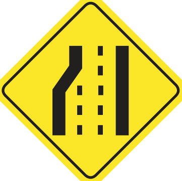 Alberta road sign: Left lane ends