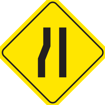 Alberta road sign: Left lane narrows to right