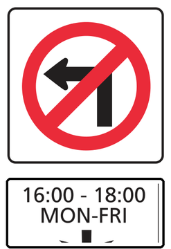 Alberta road sign: No left turn during the posted times