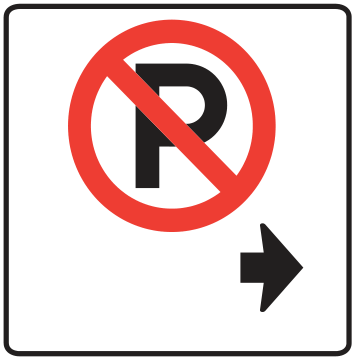Alberta road sign: No parking (arrow right)