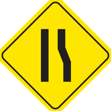 Alberta road sign: Right lane narrows to left